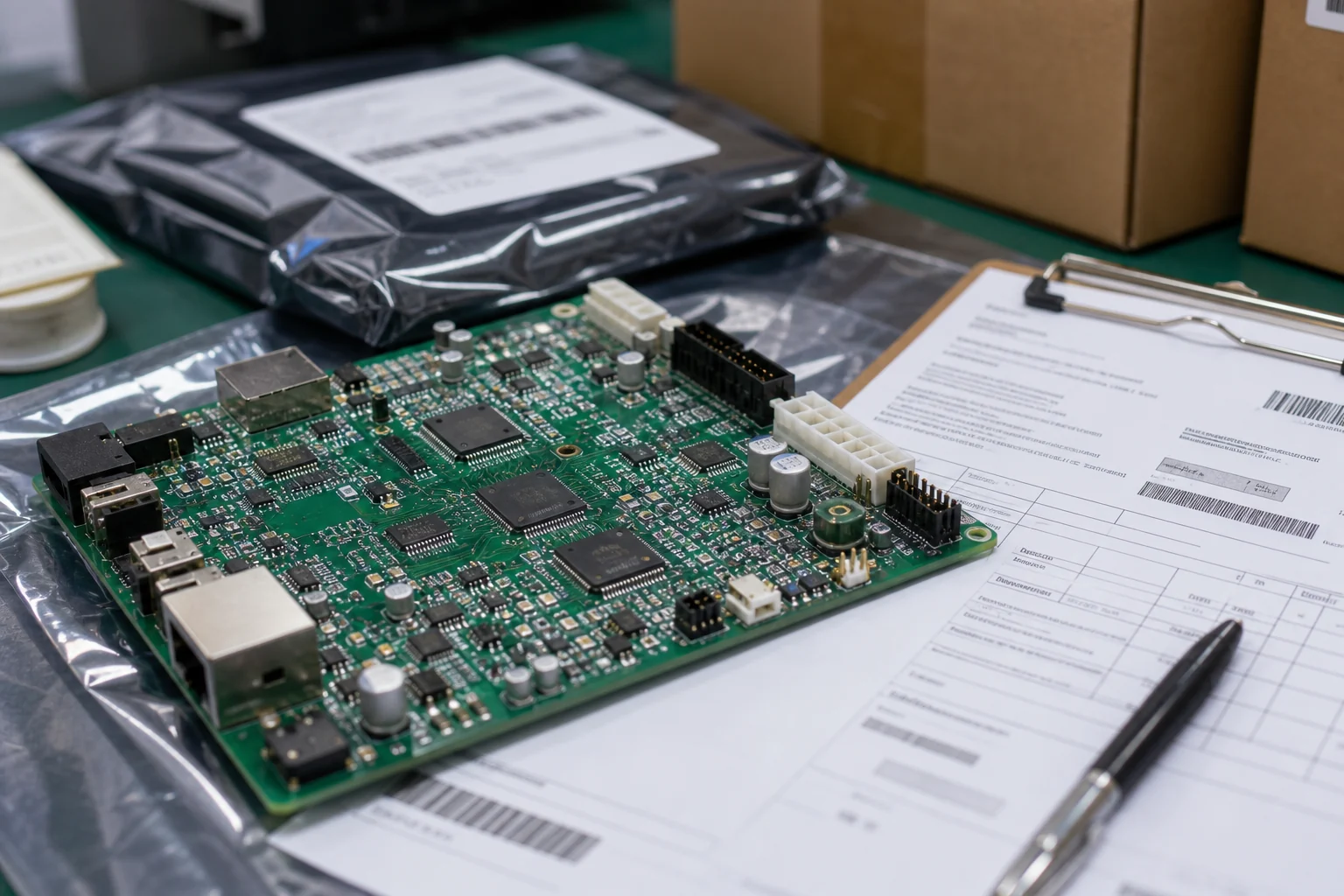 Photorealistic close-up of an assembled PCBA board beside customs paperwork, packing labels, and shipment documentation on an electronics export desk.