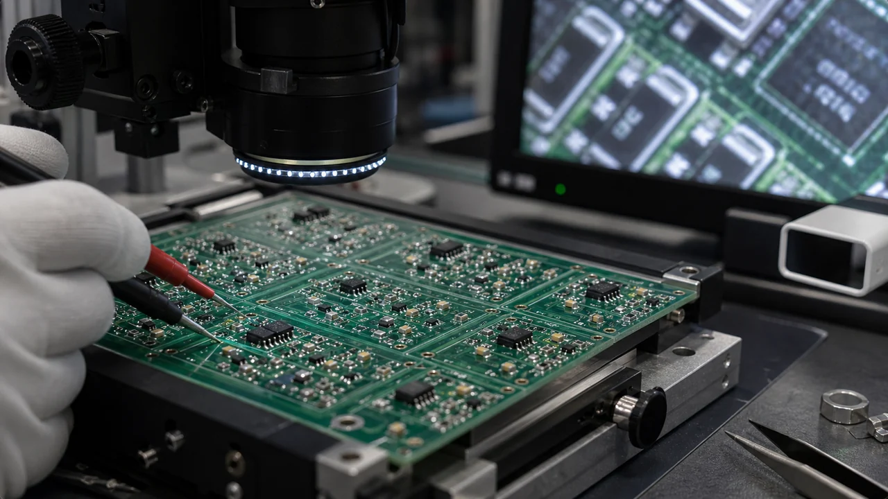Photorealistic PCB assembly inspection scene with an AOI or microscope camera, test probes, and populated PCB panel after reflow.