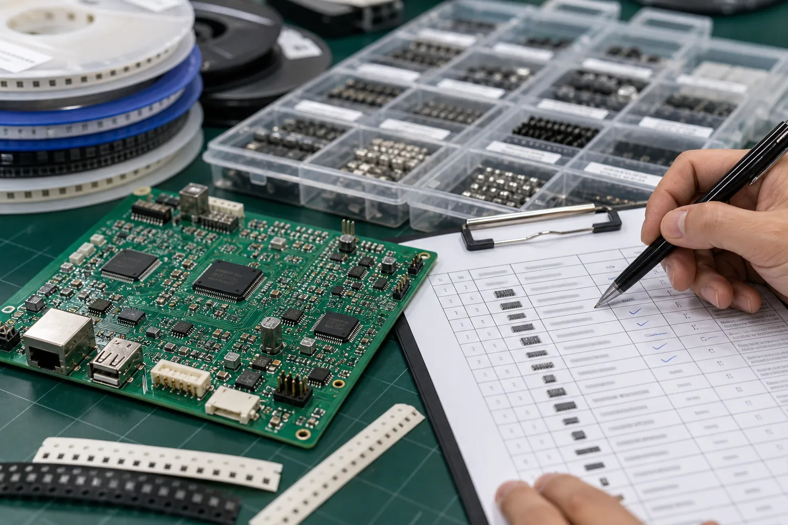Photorealistic PCB BOM management scene with an assembled board, component reels, spreadsheet review, and part labels on an electronics planning desk.