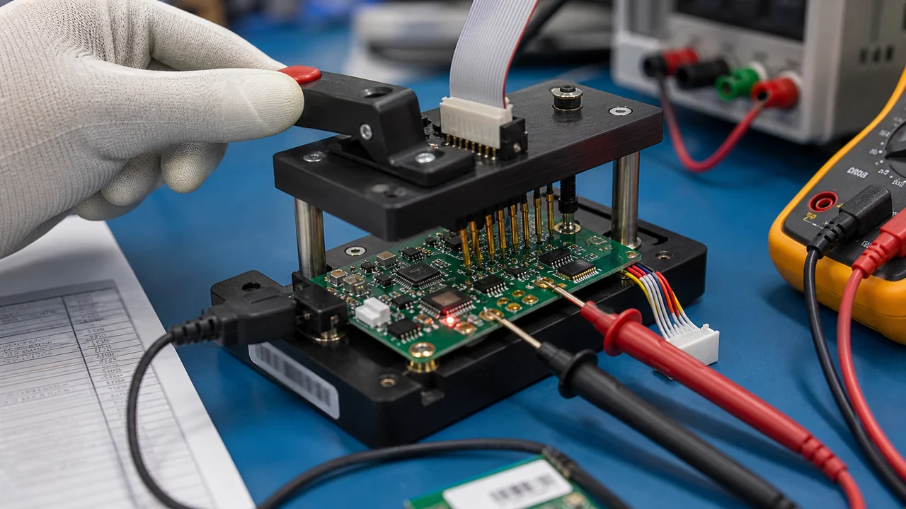 Close-up photorealistic PCBA functional test setup with pogo pins, fixture lever, multimeter probes, and measurement points.