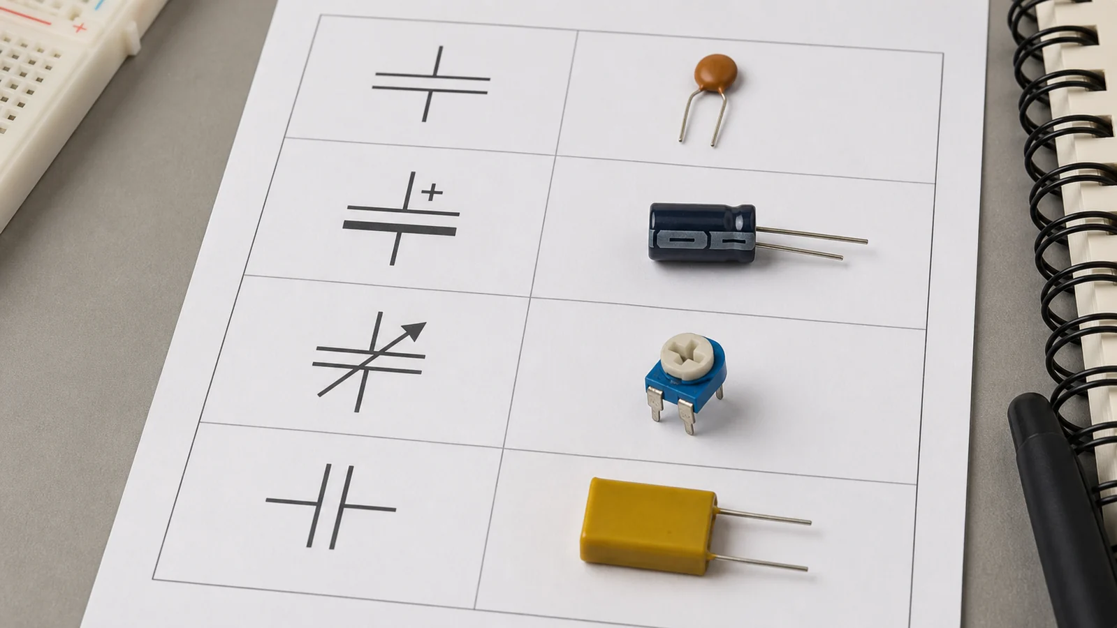 Capacitor Schematic Symbol Guide: Polarized, Non-Polarized, and Variable Types 1 Capacitor schematic symbol chart paired with ceramic electrolytic trimmer and film capacitors