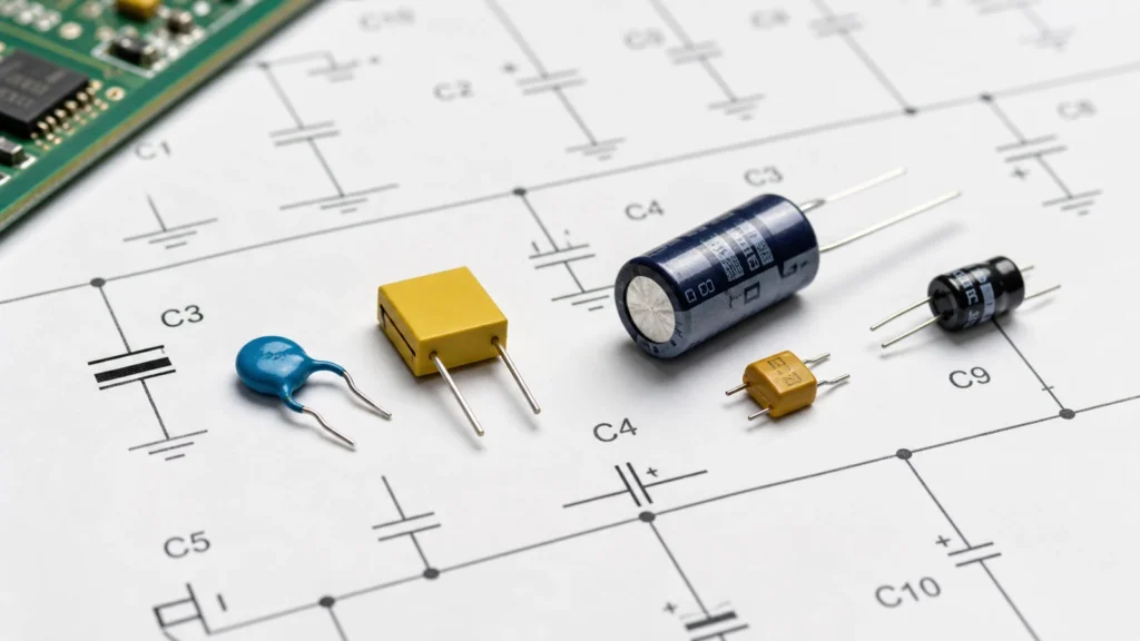 Ceramic film and electrolytic capacitors placed on a schematic sheet with capacitor symbols