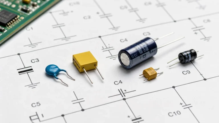 Home 12 Ceramic film and electrolytic capacitors placed on a schematic sheet with capacitor symbols