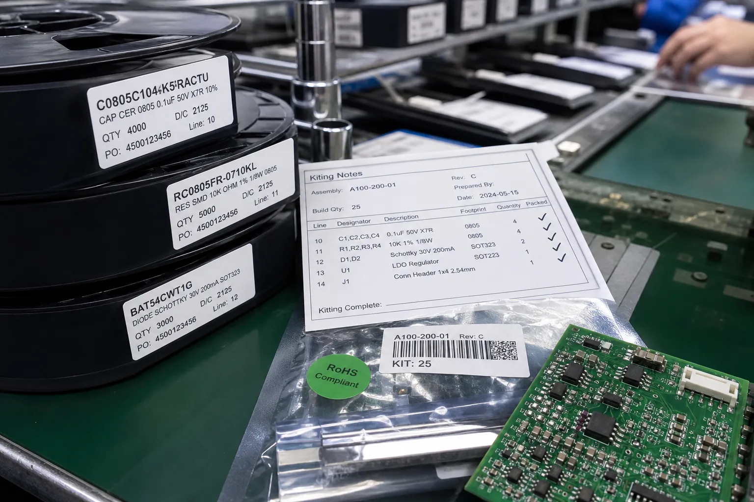 An eBOM to mBOM Example That Shows Where PCB Assembly Handoffs Break 1 Close-up of PCB assembly materials, printed labels, and review notes prepared for a manufacturing BOM handoff.