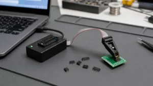 EEPROM programmer with SOIC clip and memory chips on an ESD bench