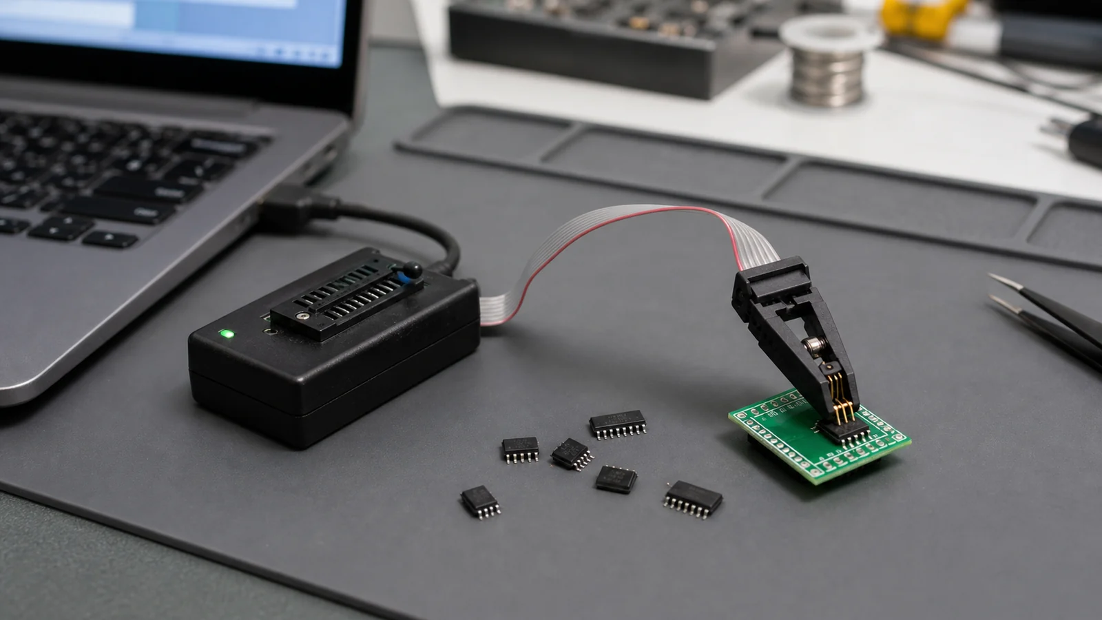 EEPROM programmer with SOIC clip and memory chips on an ESD bench