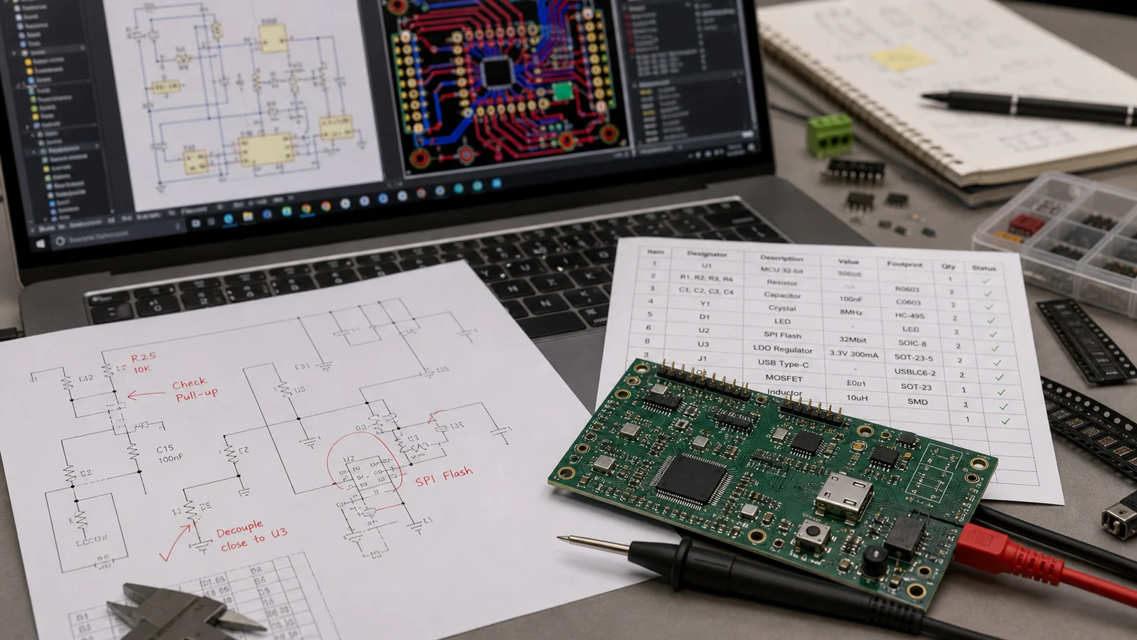 PCB development desk with routing screen, schematic redlines, BOM checklist, prototype board, and test probes.