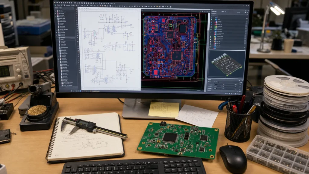 PCB design workstation with layout software, schematic review materials, and a physical prototype board.