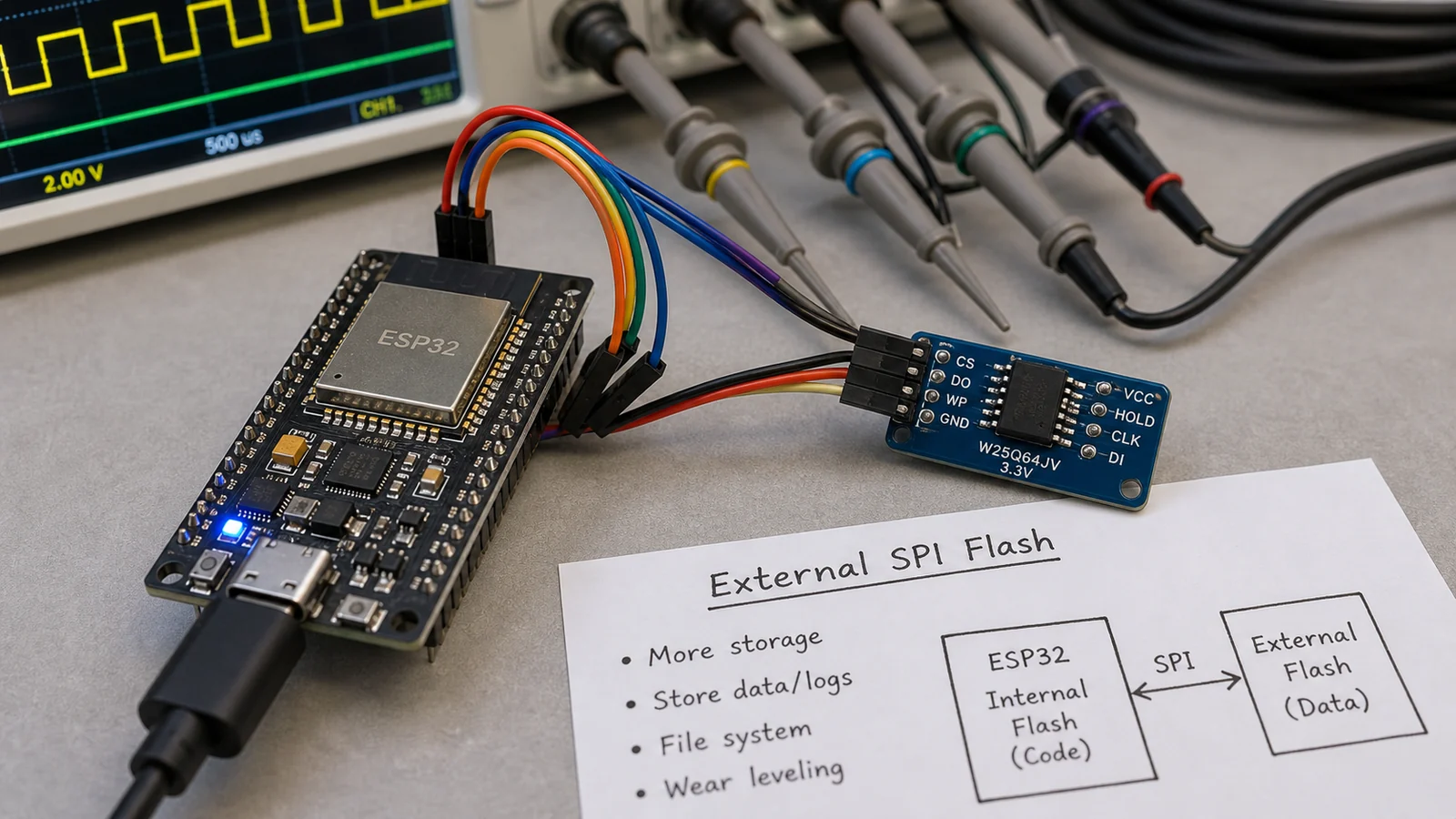 ESP32 board and external flash memory concept on a lab bench