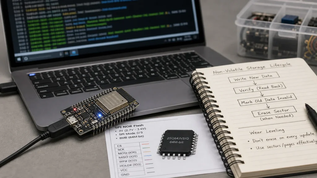 ESP32 development board with flash-backed storage context