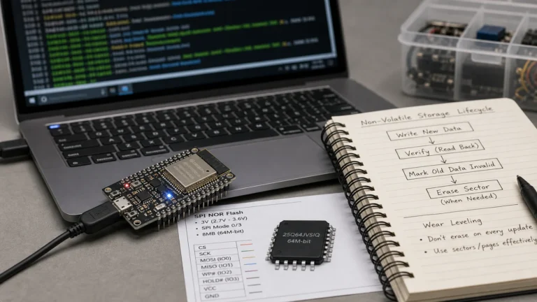 ESP32 development board with flash-backed storage context