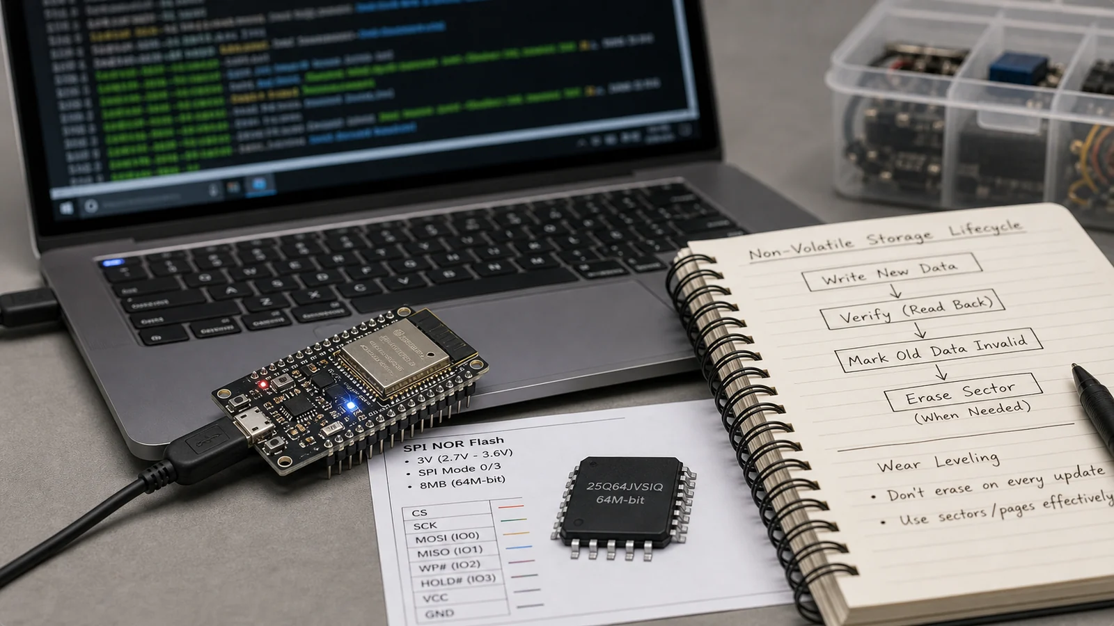 ESP32 development board with flash-backed storage context