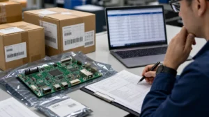 Engineer reviewing a PCBA shipment with cartons, documentation, and a laptop during HTS classification preparation.