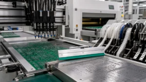Photorealistic SMT assembly line with PCB panels, stencil, component reels, and pick-and-place equipment for a PCB assembly process article.
