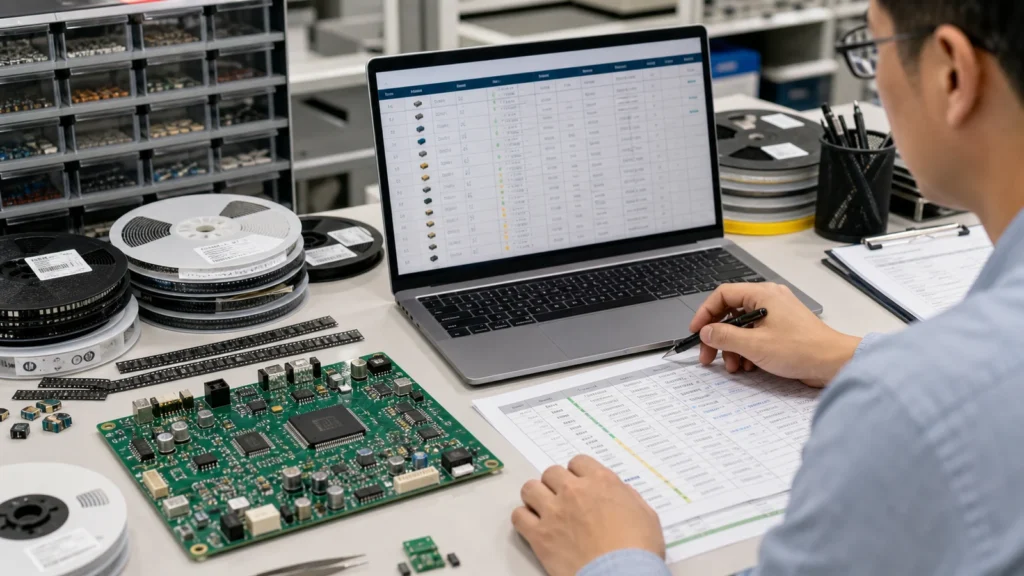 Engineer reviewing a PCB BOM on a laptop beside an assembled board, component reels, and planning sheets.