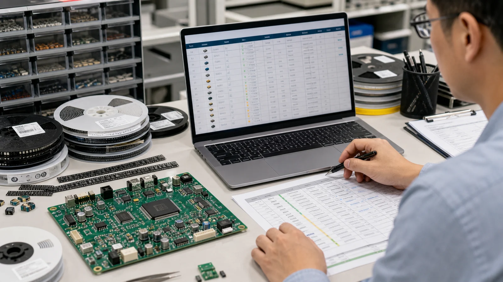 Engineer reviewing a PCB BOM on a laptop beside an assembled board, component reels, and planning sheets.