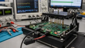 Photorealistic PCBA functional test fixture with pogo pins, powered board, probes, and lab instruments before shipment.