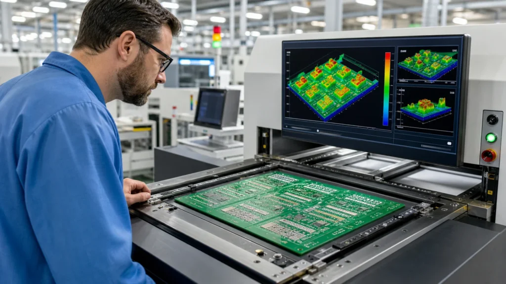 Engineer reviewing a solder paste inspection station on an SMT line beside a stencil-printed PCB panel and 3D paste-height display.