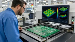 Engineer reviewing a solder paste inspection station on an SMT line beside a stencil-printed PCB panel and 3D paste-height display.