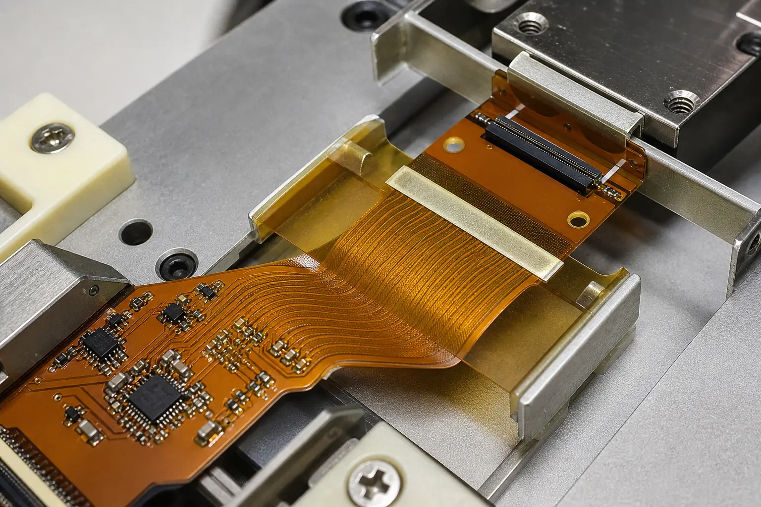 Close-up of a flex circuit held in a support fixture near the bend transition and component area.