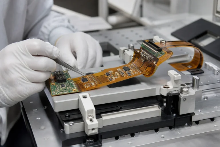 Technician handling a flex PCB assembly in a support fixture with visible bend zones and stiffener sections.