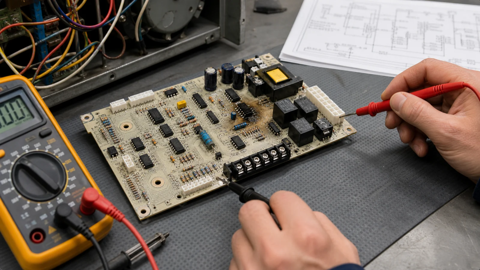 How Furnace PCB Boards Work and Why They Fail 1 Technician testing furnace control board relay terminals with insulated multimeter probes