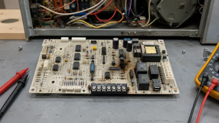 Furnace control PCB on a repair bench with multimeter probes and visible relays