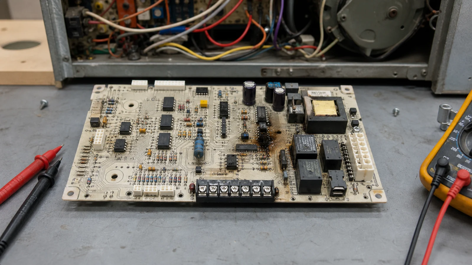 Furnace control PCB on a repair bench with multimeter probes and visible relays