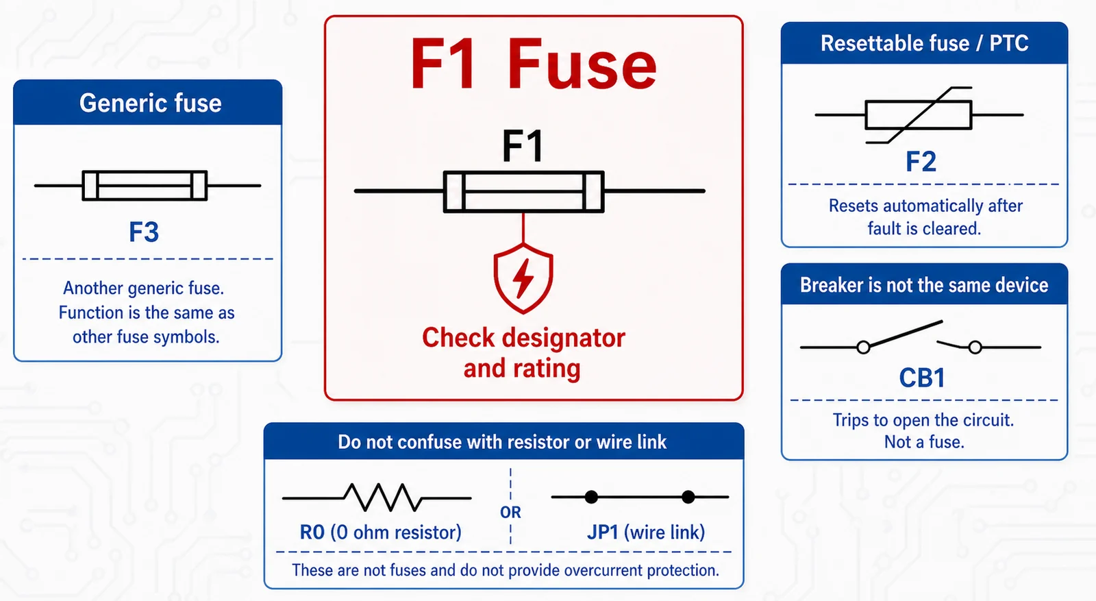 Comparison graphic showing a fuse schematic symbol, resettable fuse, breaker, and wire link labels