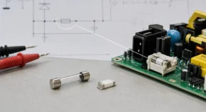 Glass fuse and SMD fuse beside a PCB power input with a fuse symbol highlighted on a schematic