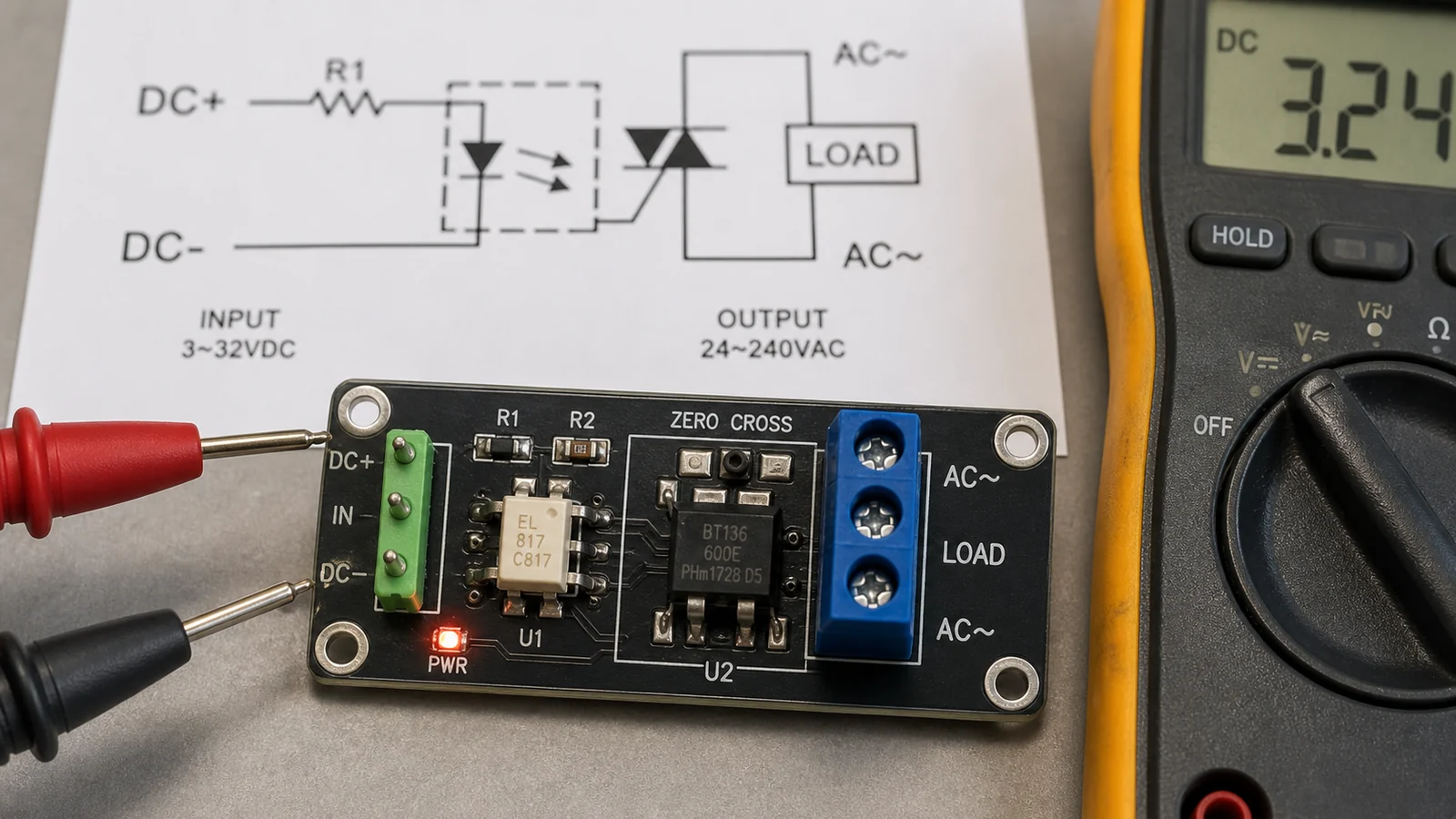 Reading a G3MB-202P Solid-State Relay Schematic Before You Switch AC Loads 1 Opto-isolated solid-state relay module inspection on the low-voltage side