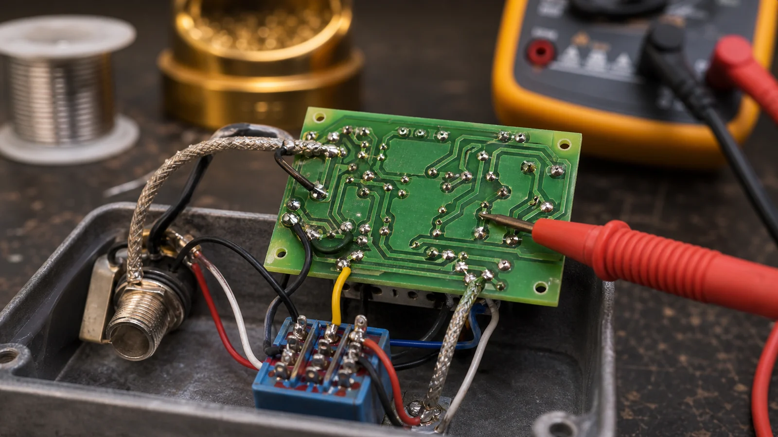 Guitar pedal PCB grounding and signal routing inspection