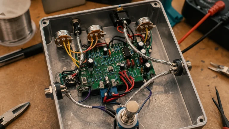 Open guitar pedal showing PCB layout, wiring, and service access