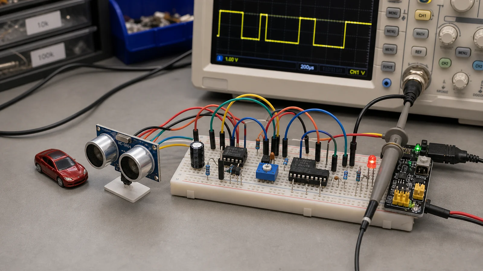 HC-SR04 echo pulse and comparator switching experiment