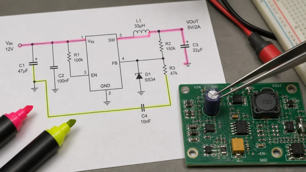 Una forma práctica de leer esquemas eléctricos para trabajos de circuitos 1 PCB mientras que la sonda apunta al componente de icono de página de esquema real