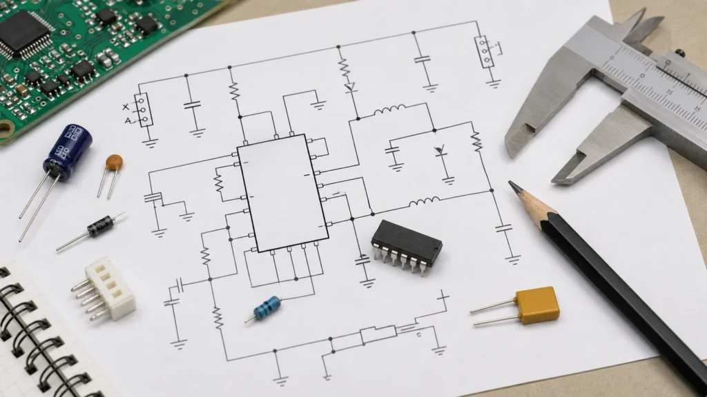 Printed electrical schematic with real electronic components arranged on an engineering desk