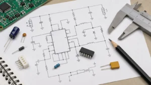 Tecnologia di Montaggio Superficiale (SMT) 11 Printed electrical schematic with real electronic components arranged on an engineering desk