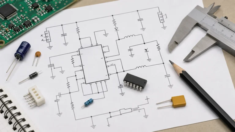 Home 11 Printed electrical schematic with real electronic components arranged on an engineering desk