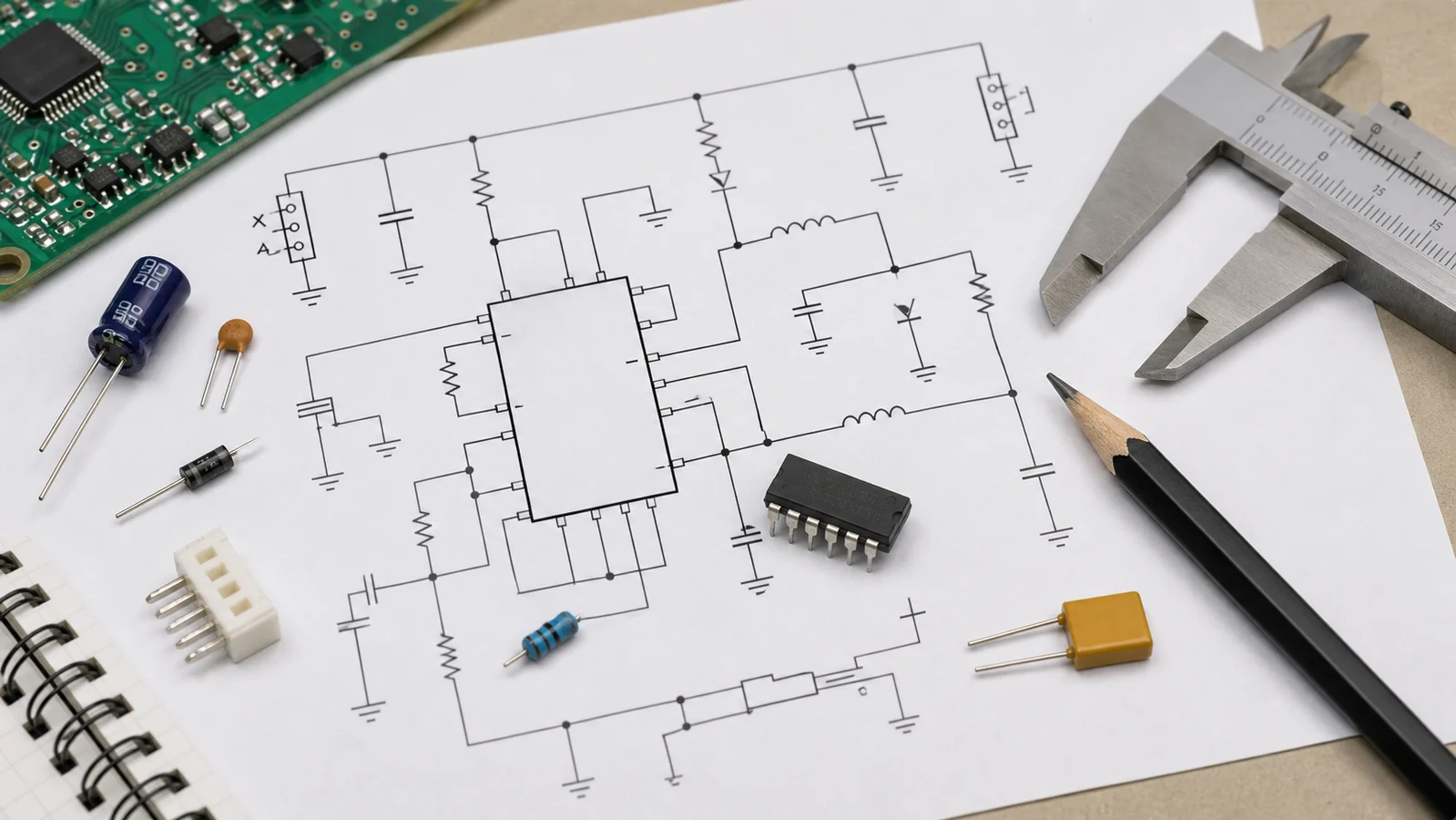 Printed electrical schematic with real electronic components arranged on an engineering desk