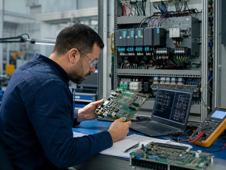 Engineer inspecting an industrial control board during PCB reverse engineering