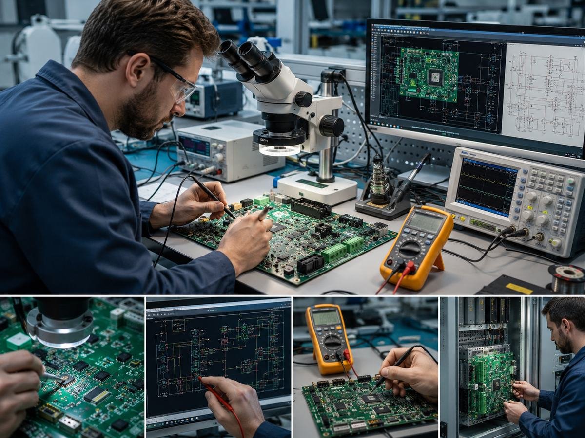How Reverse Engineering Extends the Life of Industrial Control Boards 3 Engineer testing an industrial control PCB with microscope, multimeter, and circuit diagrams