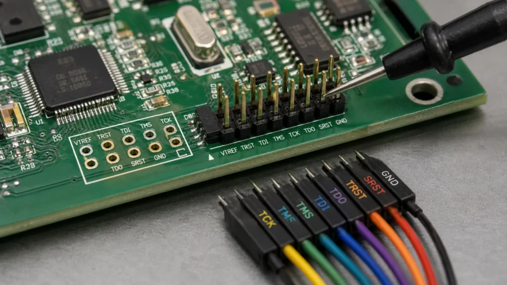 Close-up di testata JTAG controllata con sonda e ponticello cavo