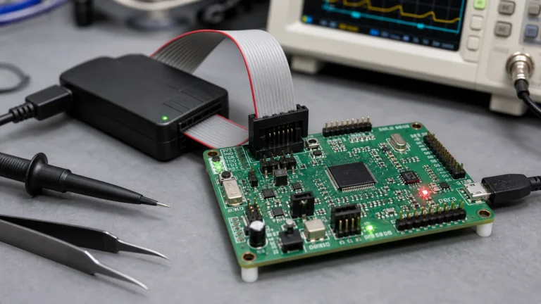 Home 12 Embedded PCB connected to a JTAG debug adapter with ribbon cable on a lab bench