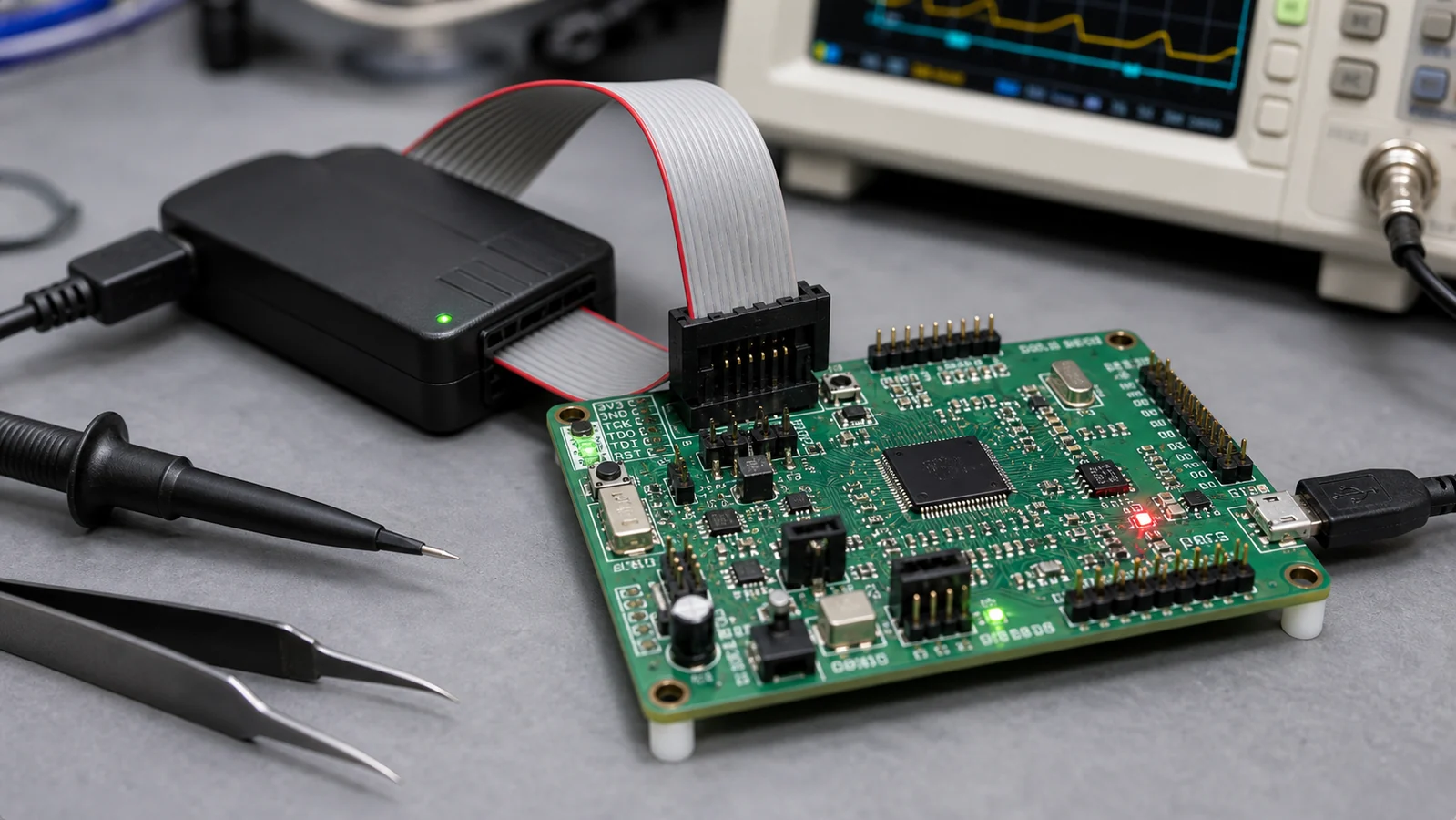Embedded PCB connected to a JTAG debug adapter with ribbon cable on a lab bench