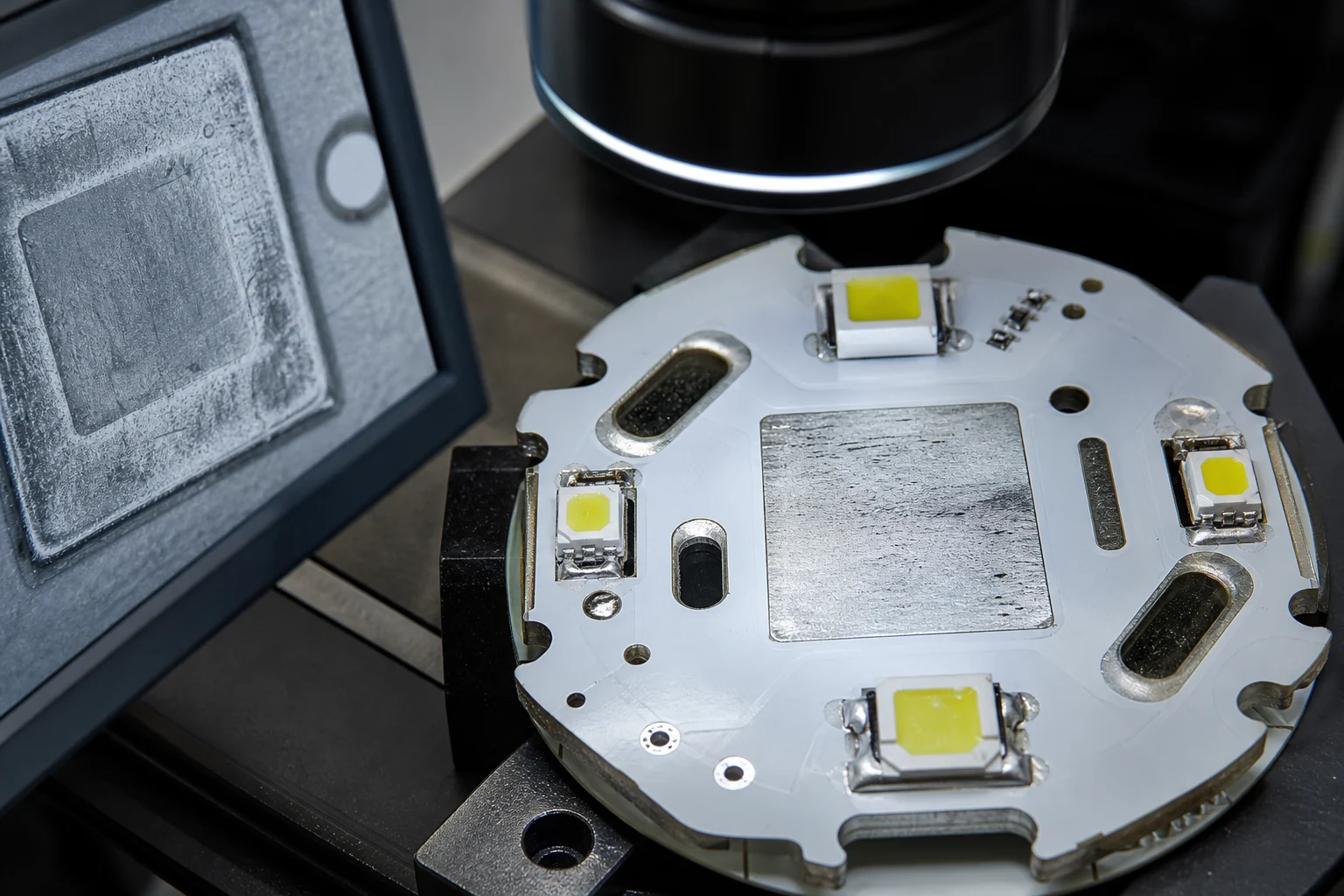 Close-up of a high-power LED board under inspection with a large central thermal pad and soldered LED packages visible.