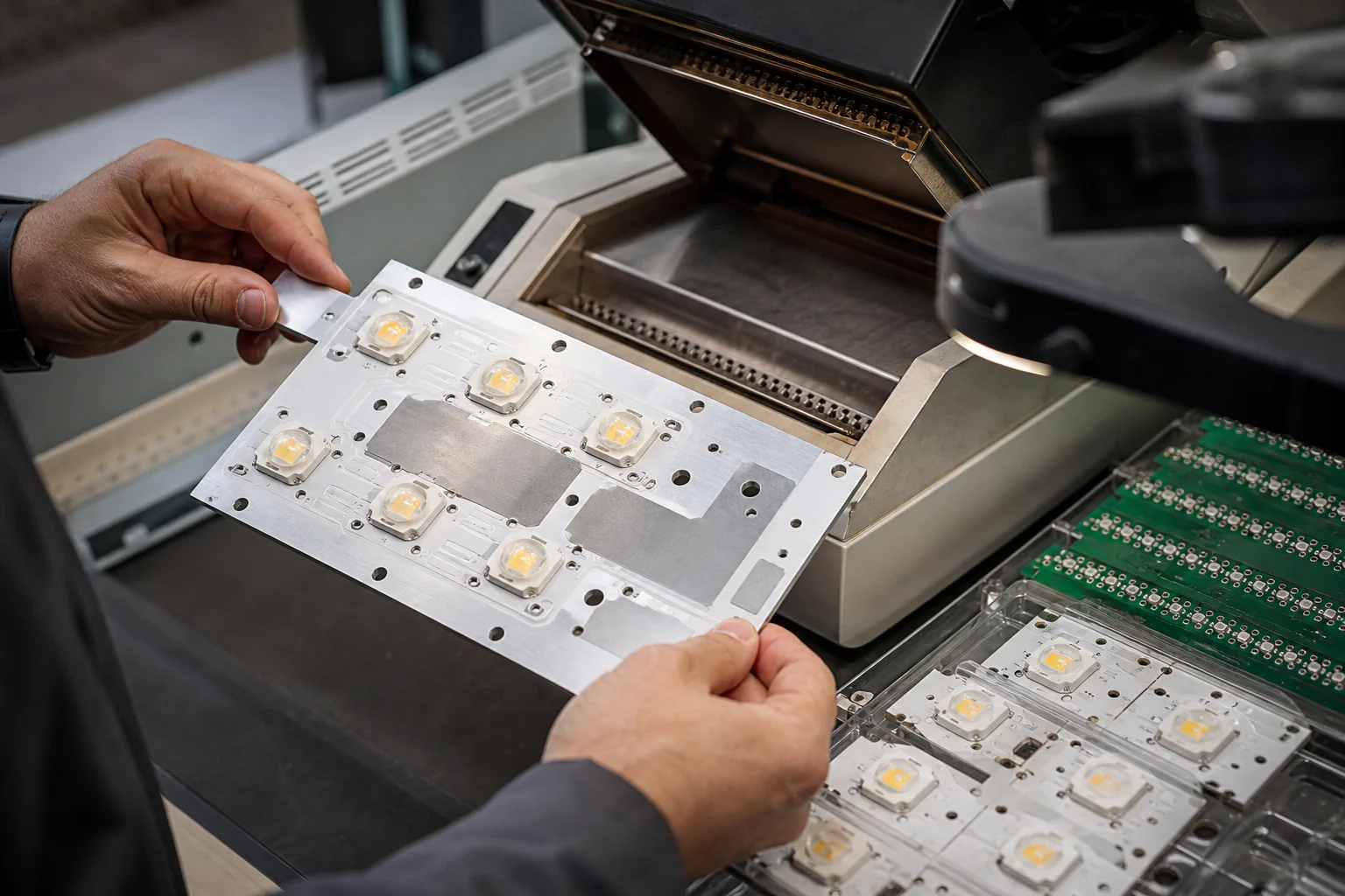 Technician holding a high-power LED metal-core PCB assembly near reflow and inspection equipment.