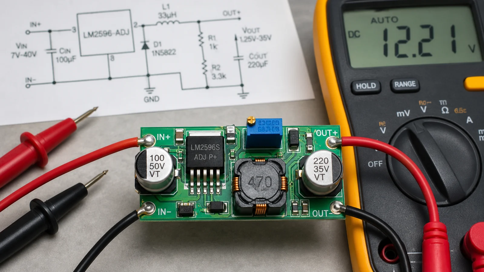 LM2596 DC-DC Buck Converter Schematic Diagram Explained 1 LM2596 buck converter module wired to a multimeter showing a 12.21 volt output