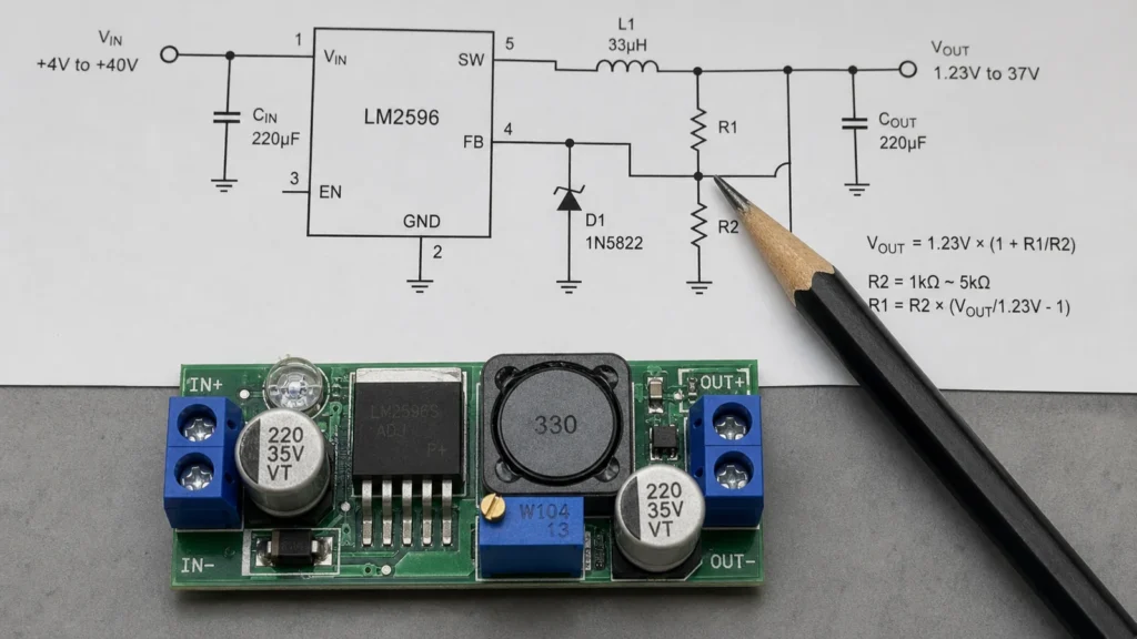 LM2596 buck converter module placed below an annotated schematic diagram