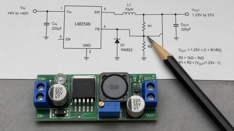 Home 11 LM2596 buck converter module placed below an annotated schematic diagram