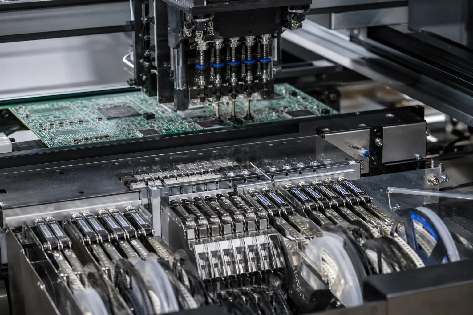Close view of a pick-and-place machine working above a PCB panel with feeders and nozzles visible.